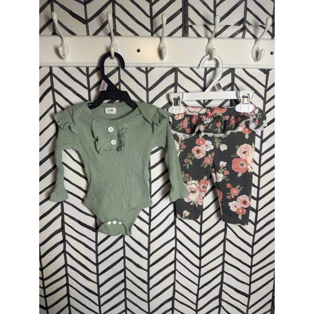 Little Chickadees Green Pink Floral Long Sleeve & Ruffle Pants Baby Girl 0-3M